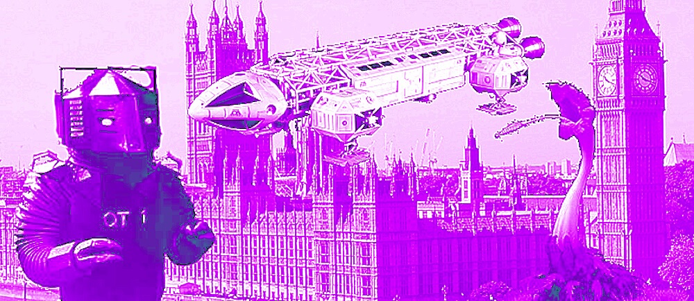 Montage of British SF icons in front of Houses of Parliment